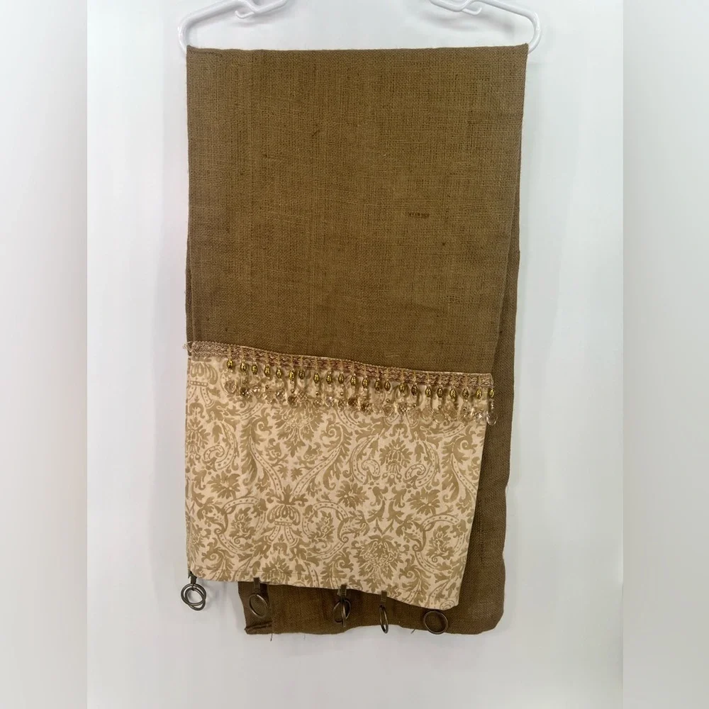 Set of 2 Handmade Embellished Burlap Curtain Panels Patterned Fabric w/ Beads
